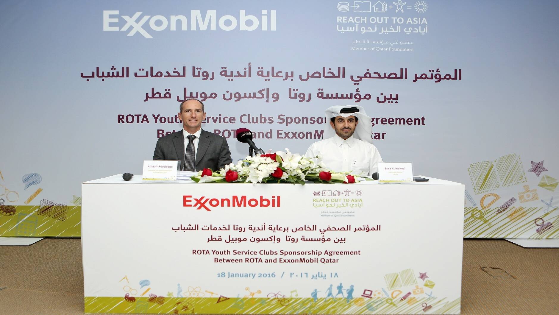 Alistair Routledge, President and General Manager for ExxonMobil Qatar, and Essa Al Mannai, Executive Director of ROTA, during a press conference following the Rota Youth Service Clubs sponsorship agreement signing.