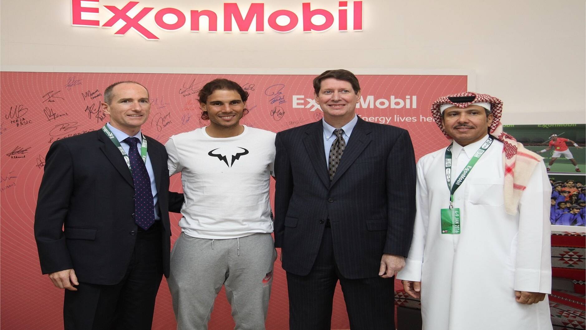 Qatar ExxonMobil Open 2016 second-place finisher Rafael Nadal with Alistair Routledge, President and General Manager for ExxonMobil Qatar; Andrew P. Swiger, Senior Vice President of Exxon Mobil Corporation; and Saleh Al-Mana, Vice President and Director of Government and Public Affairs at ExxonMobil Qatar, inside ExxonMobil Qatar’s stand in the Public Village.